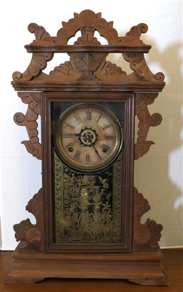 Ansonia Striking Alarm Clock in Fancy Walnut Case - Gold Decorated Glass with Flowers and Butterflies - Case Measures 24" tall 15" by 5" - Clock is Running