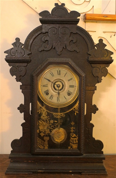 Seth Thomas Mantle Clock - Striking and Alarm - Fancy Case and Pendulum - Case Has Original Finish - Clock is Running - Case Measures 24" tall 15" by 5" 