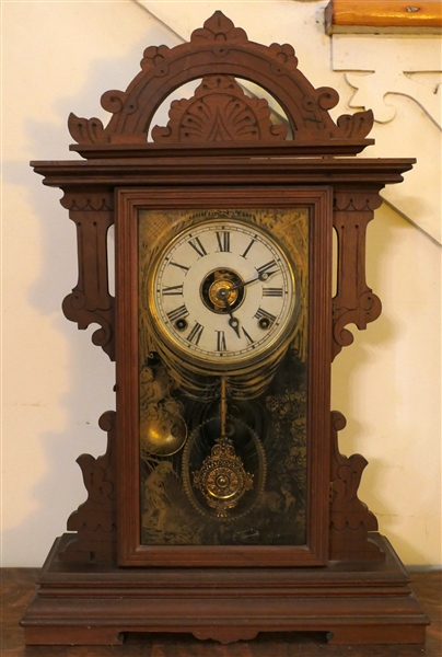 Walnut Striking and Alarm Mantle Clock with Fancy Pendulum - Gold Decorated Door - Case Measures 22" tall 15" by 5" 