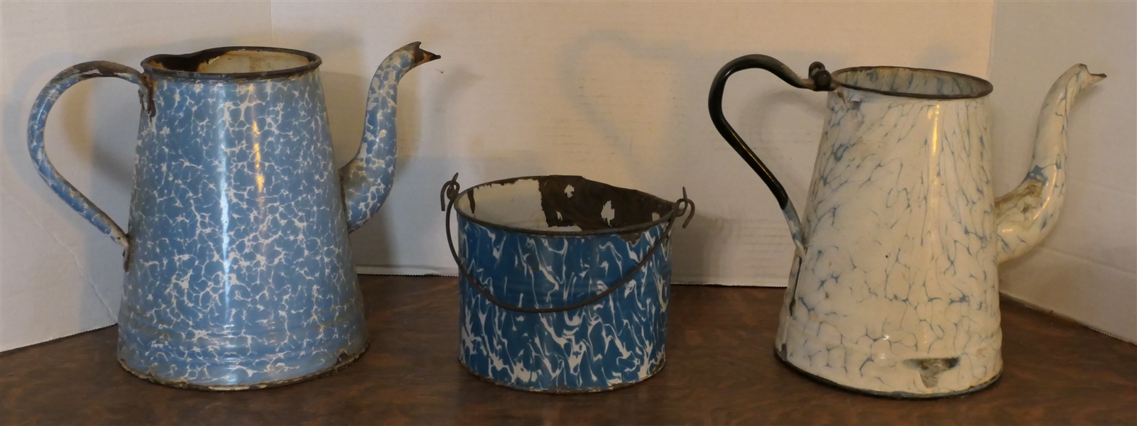 3 Pieces of Blue and White Enamel - 2 Tea Pots and 1 Bucket - Predominately White Pot Measures 8" Tall 