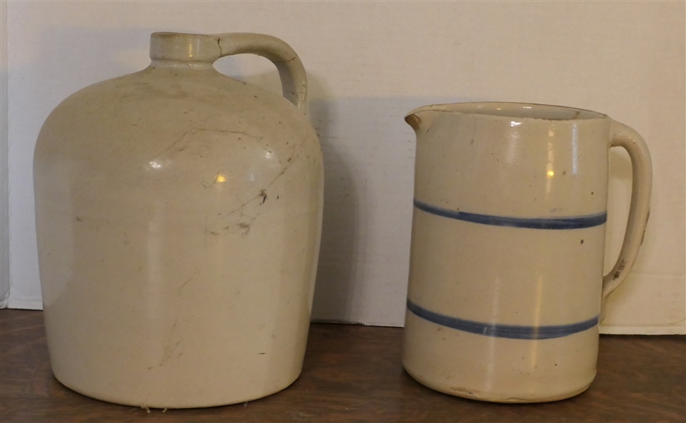 2 Pieces of Pottery - Stone Jug and Stone Pitcher with Blue Bands - Both Have Some Damage