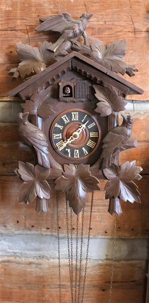 Larger Cuckoo Clock with Birds on Case - Movement Inside - Missing Weights and Pendulum - Case Measures 19" Tall 12" by 6 1/2" 