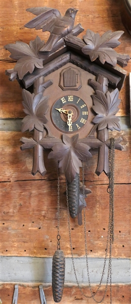 German Cuckoo Clock With Bird Finial with Weights and Pendulum - Clock Case Measures 15" Tall Bird to Bottom 