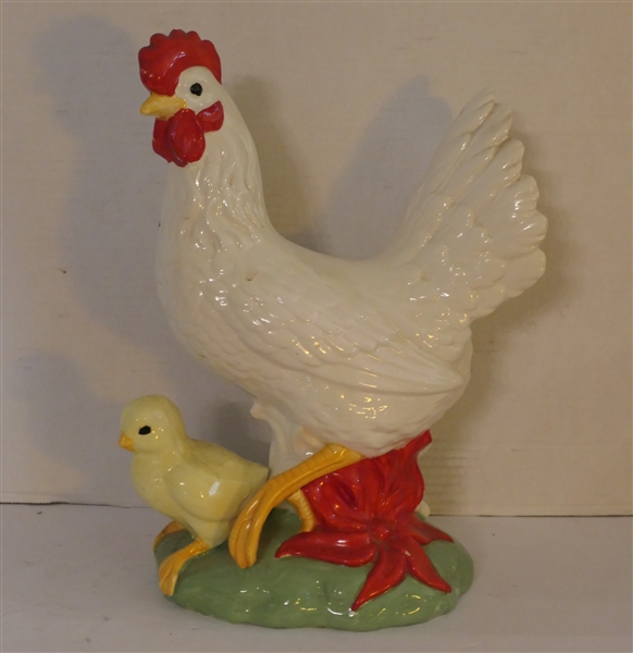 Vintage Ceramic Hen and Chick Statue - Measures 13 1/2" tall - Small Paint Flake on Comb