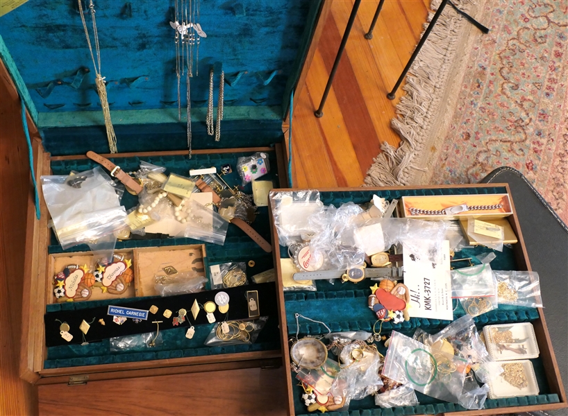 Large Wooden Case Full of Costume Jewelry - Necklaces, Chains, Medical Alert Bracelets, Watches, Pins, Pendants, Buttons, Tie Clips, Cuff Links, Etc. - Nice Case