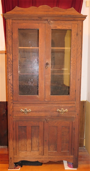 Oak Pie Safe with Glass Top Doors - Paneled Bottom Doors and Paneled Sides - Single Drawer -Scalloped Top -  Pie Safe Measures 71" tall 31 1/2" by 15 1/2"  - Drawer Front Needs to Be Attached