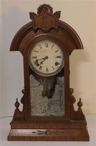 Walnut Gilbert Striking Mantle Clock with Gilbert Dial Pendulum -Door with Mining Scene - Clock Case Measures 22 1/2" tall 14" by 5"