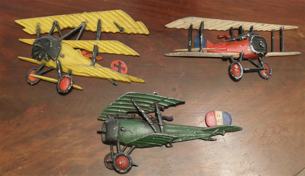 Homco USA 1975 Metal Airplane Plaques - Red, Green ,and Yellow - Red Plane Measures 5 1/4" by 11 1/4"