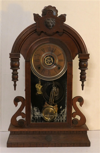 Chiming Alarm Mantle Clock in Walnut Case Lions Head - Boyle Bros. On Door- Gilbert Pendulum with Dial - Clock Case Measures 22 1/2" tall 14 1/2" by 4 1/2"