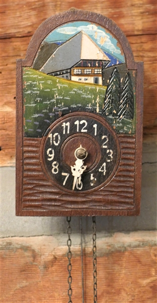 Handpainted Small Weight Driven Wall Clock with Mountain Scene - Measures 6 1/4" Long