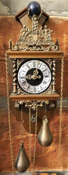 Vintage Wall Clock with Brass Ormolu, Figural Finial, and Brass Weights - Oak Wood Case - Clock Measures 21" Long 7" Across