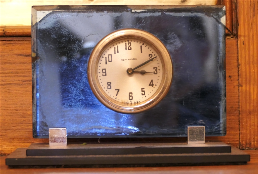 New Haven Art Deco Desk Clock With Blue Glass Case - Some Missing Finish on Back of Clock -Clock is Running