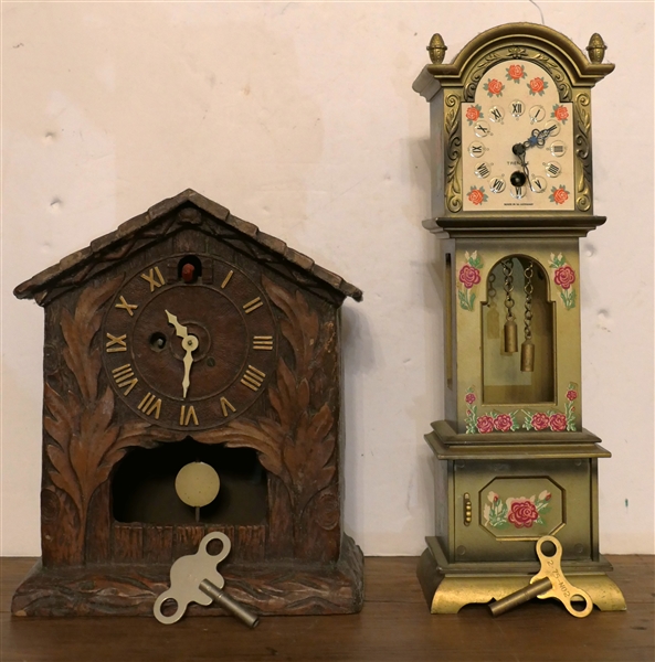 Trenkle - Made in Germany Miniature Tall Case Clock with Key and Wood Carved Table Top Cuckoo Clock - Tall Case Miniature Clock Measures 10 1/2" Tall