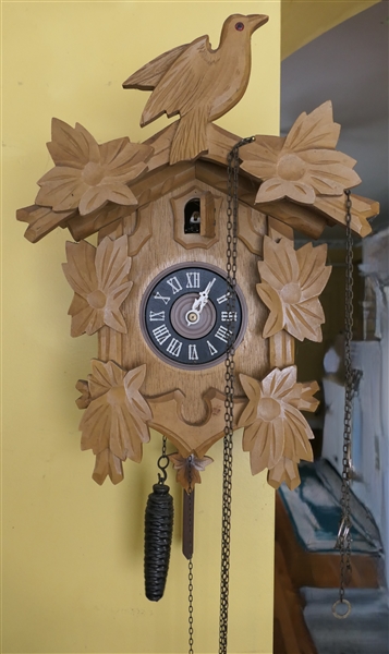 Light Finish Cuckoo Clock with Bird At Top - With Weights and Pendulum - Case Measures 14" Long