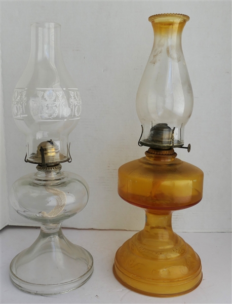 1970s Yellow Oil Lamp with Coordination Yellow Tipped Chimney and Slick Oil Lamp with Laurel Wreath Chimney 