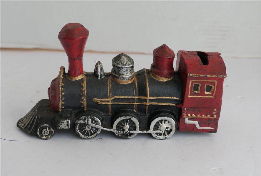 Modern Cast Iron Train Engine Bank - Measures 4 1/2" tall 8" by 2 1/2"