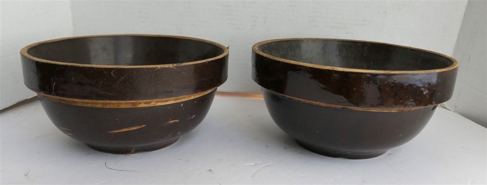 2 Brown Stoneware Mixing Bowls - Each Measures 8 1/2" Across