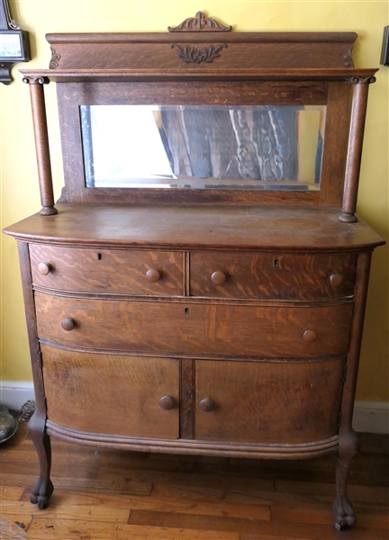 Oak Bowed Front Server with Beveled Glass Backsplash - 2 Drawers over 1 Drawer over 2 Cabinet Doors - Overall Measures 65" tall 42" by 18" - Backsplash Needs To Be Attached