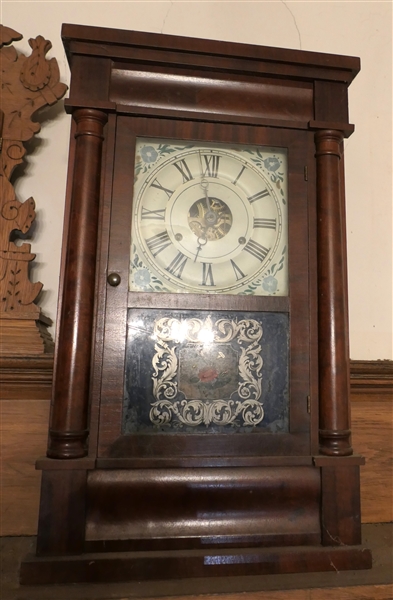 Seth Thomas Brass Clocks Mantle Clock with Pretty Floral Dial and Reverse Painted Door - Fine Clock Case with Columns - Running with Key and Pendulum - Case Measures - 25" Tall 