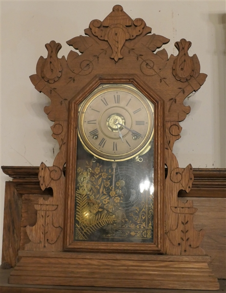 Pretty Seth Thomas Oak Mantle Clock - Chiming and Alarm Movement - Beautiful Pendulum - Clock Is Running - Measures 22" tall 15" by 5" 