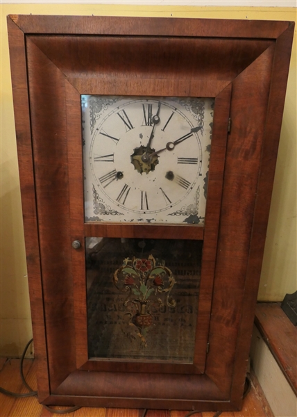 Welch Weight Driven Mantle Clock - Ogee Case - Floral Decoration on Door - With Weights Pendulum, and Key - Runs- Case Measures 25" Tall 