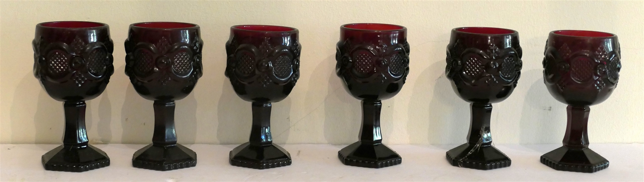 6 - Avon Cape Cod Ruby Red Wine Glasses - Measuring 4 1/2" 