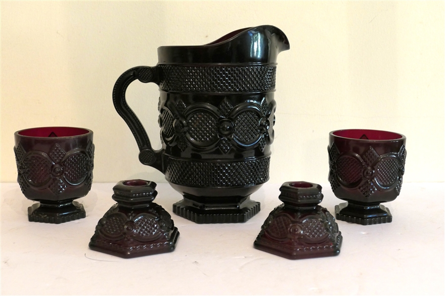 Avon Ruby Red Cape Cod Footed Pitcher, 2 Tumblers, and Pair of Individual Candle Holders - Pitcher Measures 8 1/2" tall 