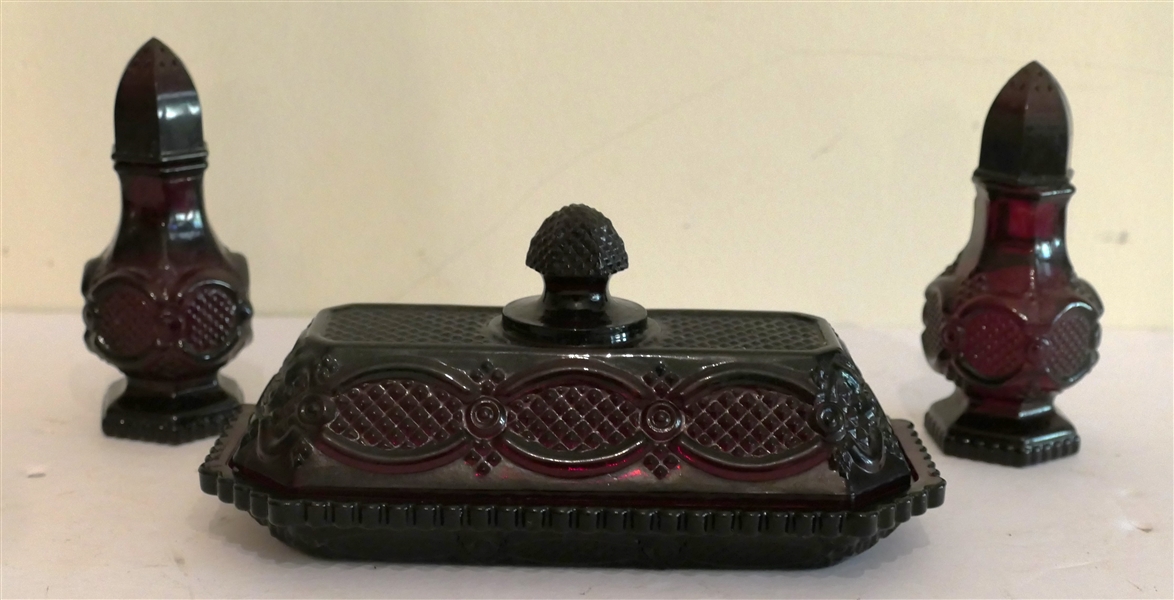 Avon Ruby Red Cape Cod Lidded Butter Dish and Pair of Salt and Pepper Shakers - Butter Dish Holds 1 Stick of Butter