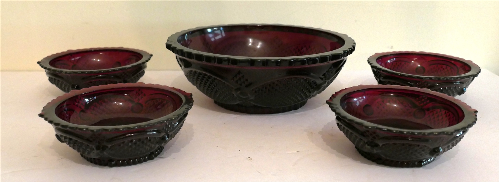 Avon Ruby Red Cape Cod Berry Bowl Set - 1 8 1/2" Bowl and 4 5 1/4" Bowls