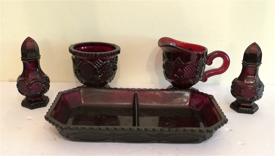 Avon Ruby Red Cape Cod Cream, Sugar, Divided Dish, and Salt and Pepper Set 