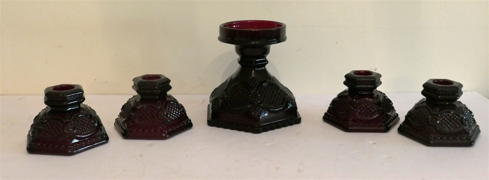 Avon Ruby Red Cape Cod Candle Sticks and Hurricane Lamp Base - Each Candle Holder Measures 2 1/2" Tall 