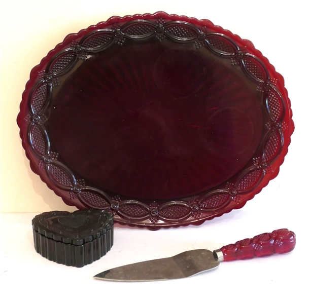 Avon Ruby Red Cape Cod Oval Platter, Ruby Handled Pastry Server, and Heart Shaped Lidded Dresser Box - Platter Measures 13 1/2" Across