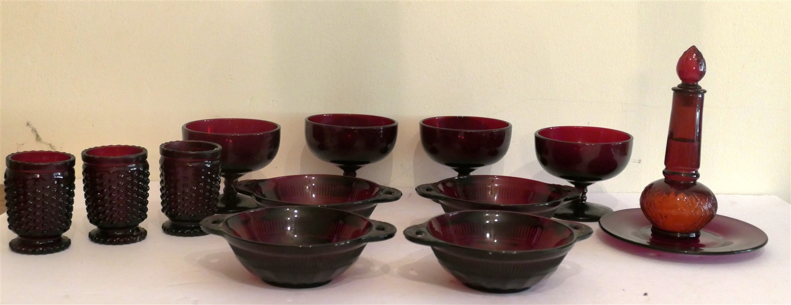 13 Pieces of Ruby Red Glassware including Berry Bowls, Hobnail Votive Cups, Sherbets, and Perfume Bottle