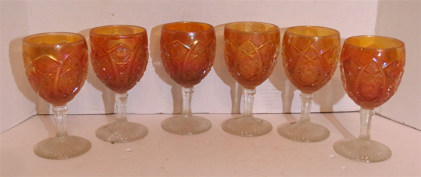 6 Marigold Carnival Glass Goblets - Marigold Bowls with Clear Foot - Each Measures 6 1/2" Tall 