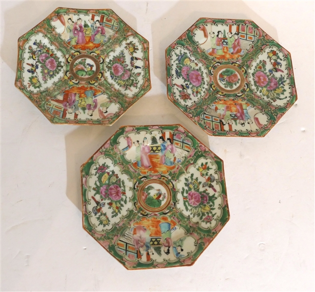 3 Chinese Rose Medallion Octagon Shaped Plates - each Measures 7 1/4" Across - One Has Tiny Chip on Edge