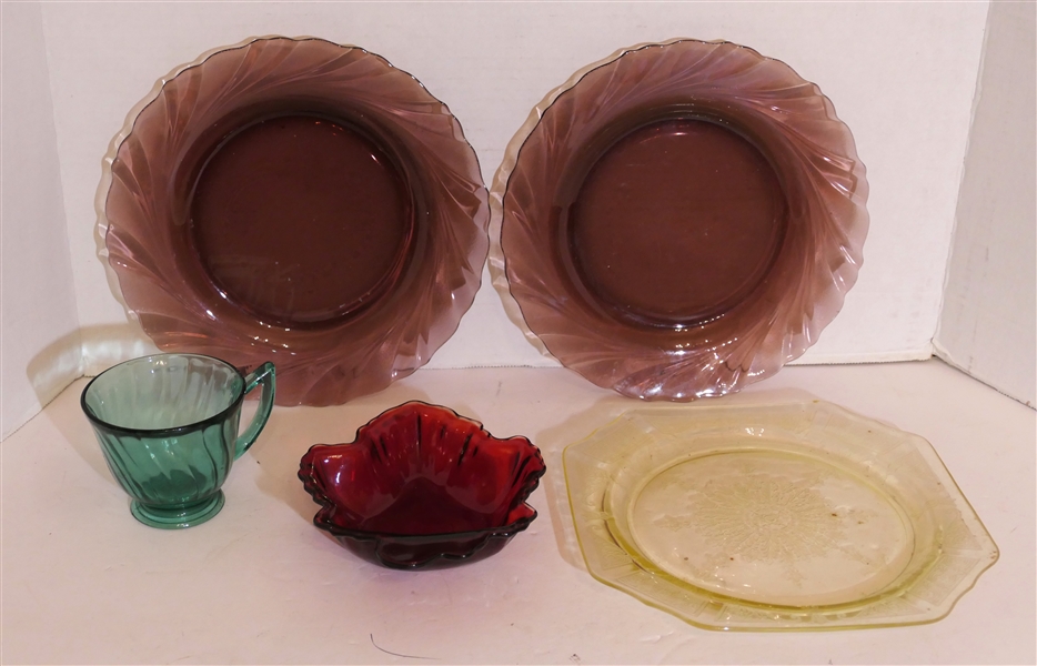 5 Pieces of Colored Glass - Teal Swirl Mug, Ruby Leaf Dish, 2 Amethyst Plates, and Yellow Depression Glass Plate 