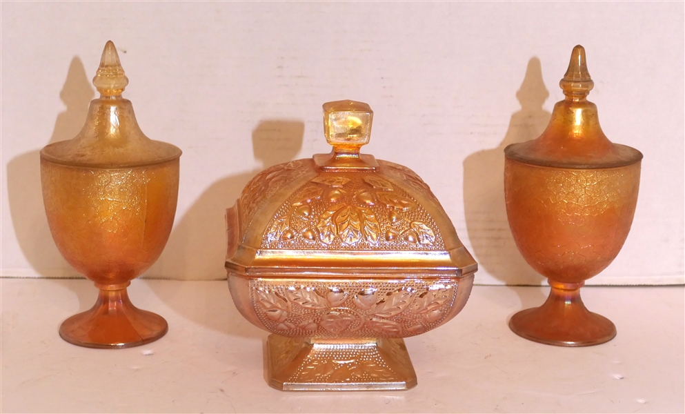 Marigold Carnival Square Preserve Stand and 2 Lidded Candy Jars - 1 Jar Lid Is Chipped - Preserve Stand Measures 7" Tall 5 1/2" by 5 1/2" 