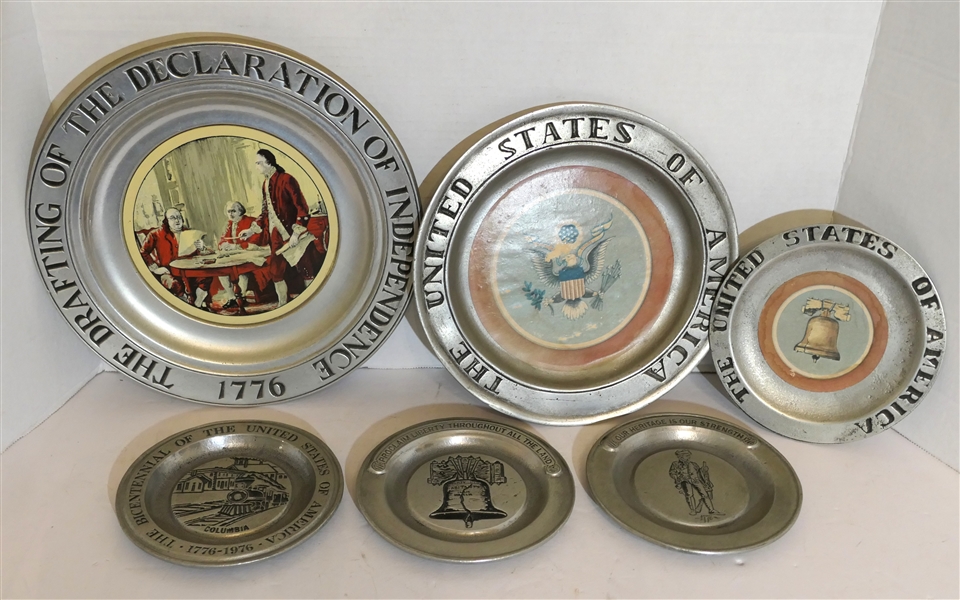 6 Patriotic Pewter Plates - 3 York Metalcraft Bicentennial Plates, Wilton Decoration of Independence, and Unmarked United States with Liberty Bells - York Plates Measure 6" Across