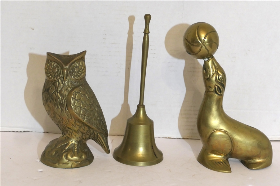  Brass Bell, Brass Owl, and Brass Seal Statues - Owl Measures 6 1/4" tall 