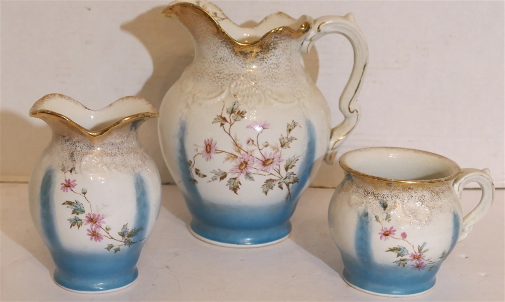 Blue Decorated Bathroom Set - Pitcher, Mug, and Vase - Pitcher Measures 7 1/2" Tall 