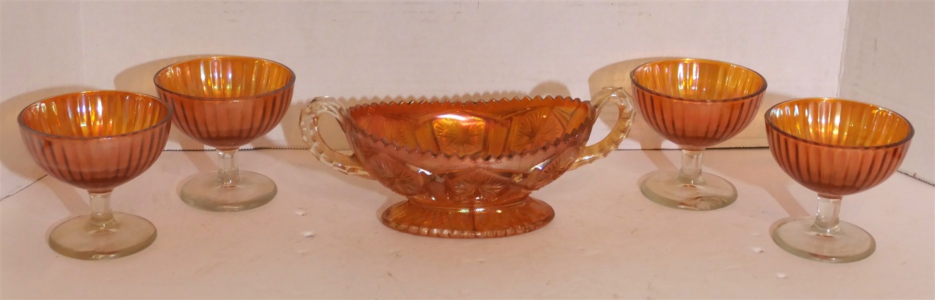 Marigold Carnival Oval Dish and 4 Carnival Marigold Sherbets - Oval Dish Measures 3" Tall 8" Handle to Handle 