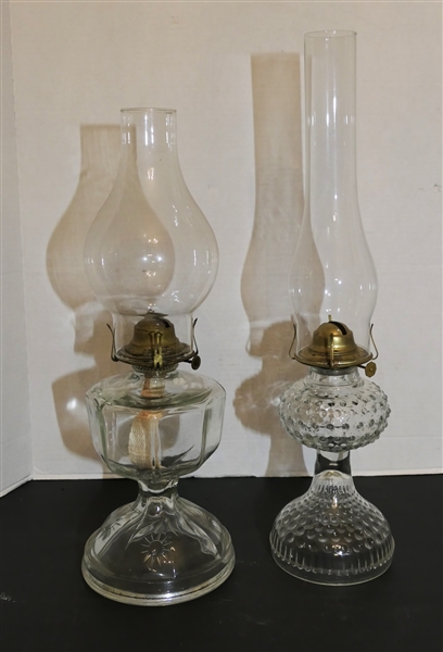 2 Clear Glass Oil Lamps - Paneled and Hobnail 