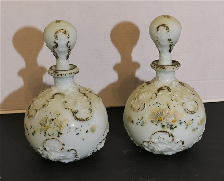 Pair of Milk Glass Dresser Bottles / Decanters - Gold Accents - Each Bottle Measures 9" Tall 