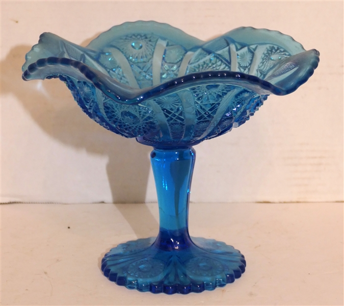 Imperial Glass Bright  Blue Pressed Glass Compote - Measures 7 1/2" Tall 9" Across