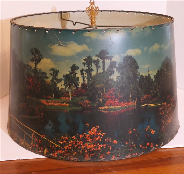 4 Light Floor Lamp with Very Cool Old Florida Shade - Water Scene with Flowers and Trees - Whip Stitched Top and Bottom Trim - Shade Measures 11 1/2" Tall 16" Across - Bottom of Lamp is Damaged 