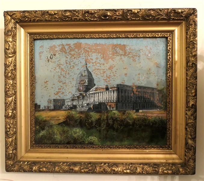 Reverse Painting by Russell of the United States Capital with Mother of Pearl Inlay - Framed in Fine Gold Gilt Frame - Frame Measures 22 1/2" by 26 1/2" 