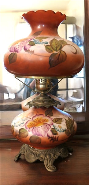 Hand Painted Gone With The Wind Table Lamp - Hand Painted Top and Bottom Glass Shades - Metal Base - Lamp Measures 24" Tall 