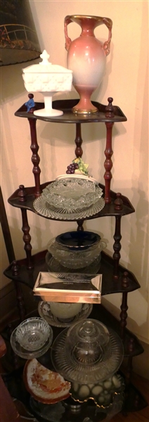 Contents of Corner Shelf - Milk Glass Preserve Stand, Ceramic Vase, Clear Glass, Cheese Dish, Bowls, Etc.