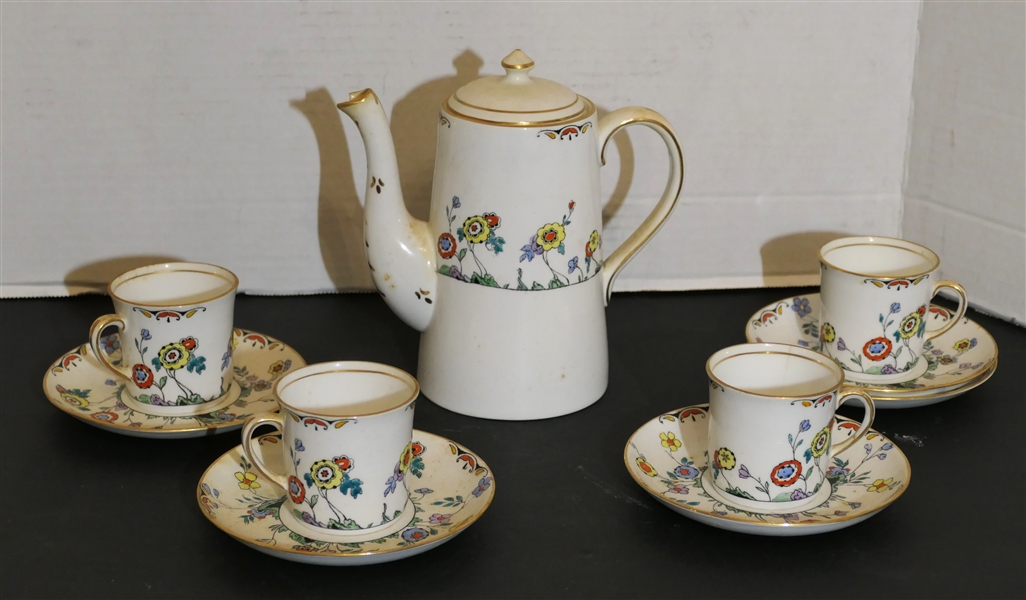 Wellington China London England Tea Pot and 5 Matching Cup and Saucer Sets - Tea Pot Measures 6 1/2" Tall - Tea Pot Has Chip on Spout - Also Included Damaged Pieces - Not Counted 