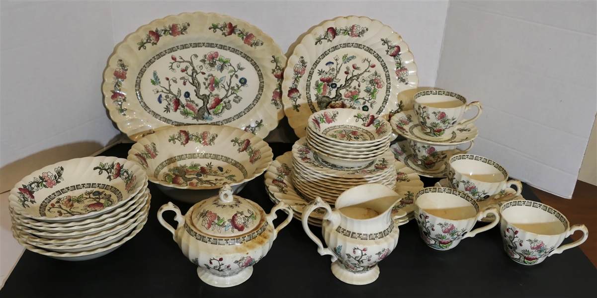 41 Pieces of Myott "Indian Tree" China - Dinner Plates, Bread Plates, Berry Bowls, Cup & Saucer Sets, and Oval Platter - Creamer Has Small Nick on Spout - Dishes Need Cleaning - Are Not Damaged 